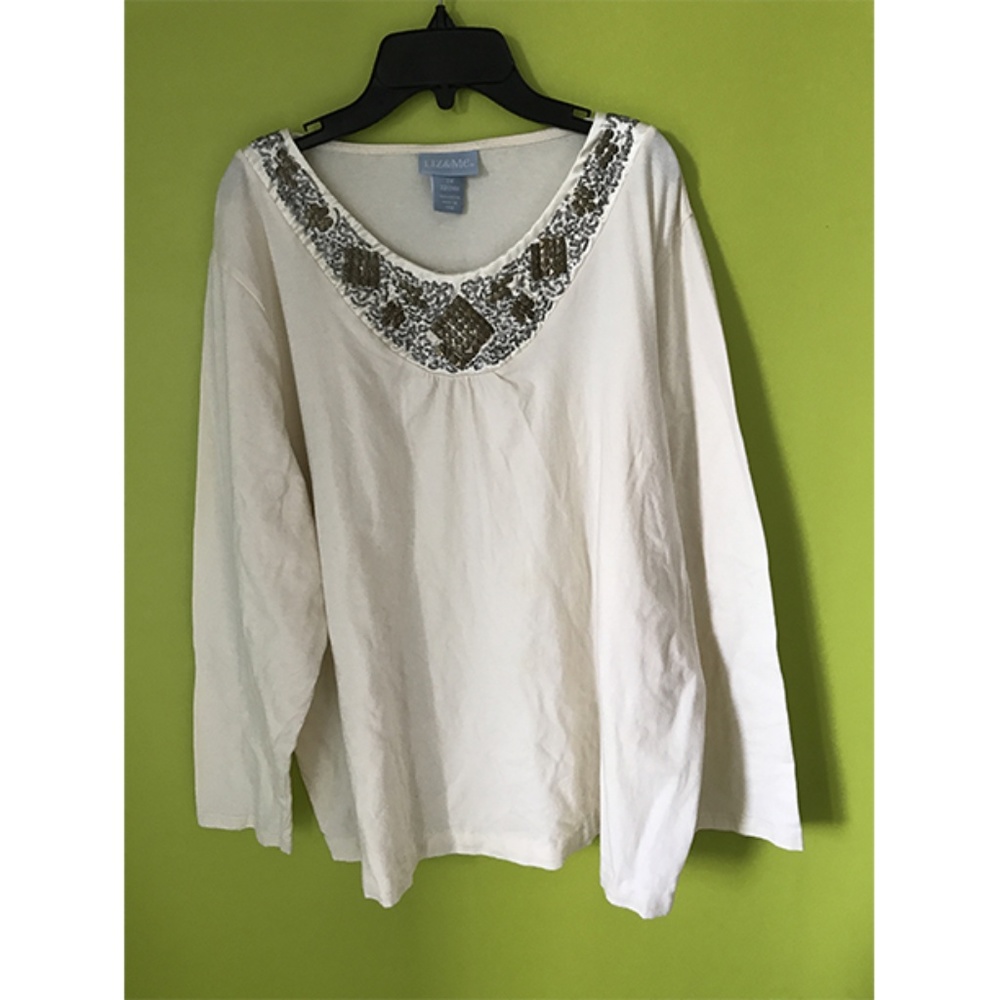 Liz & Me Bead Sequin Scoop Neck Cream White Top 2X